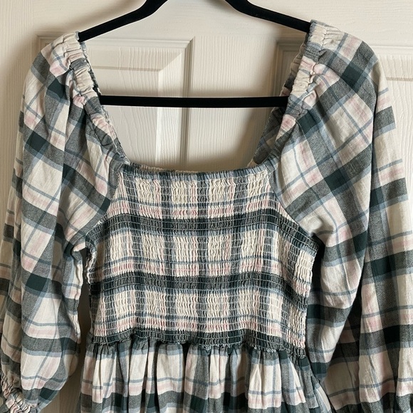 Madewell Lucie Elbow-Sleeve Smocked Mini Dress in Lebaum Plaid Size Medium - Picture 3 of 10